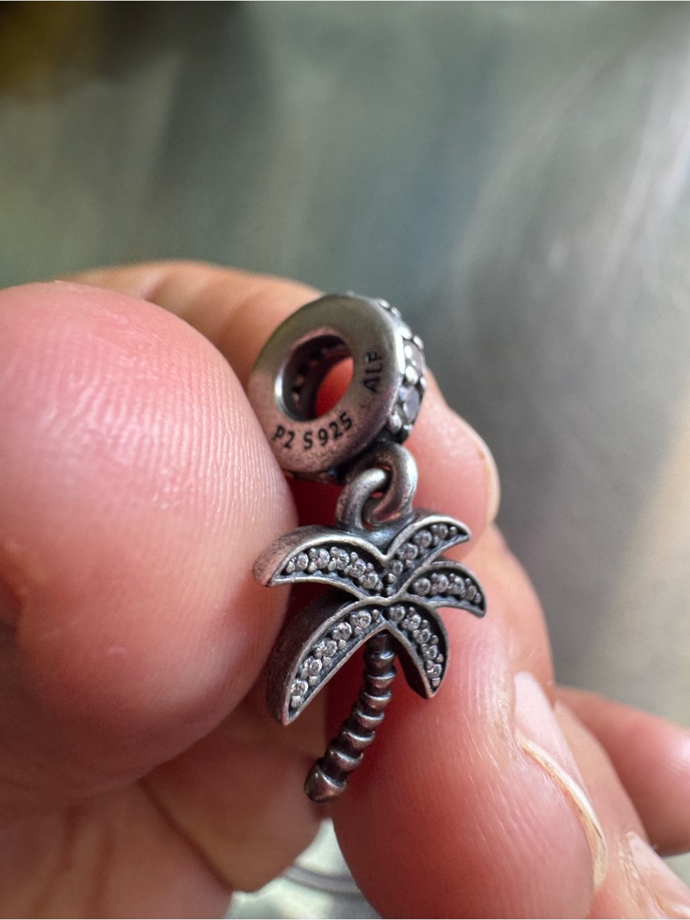 Pandora Silver Palm Tree Dangle Charm with Clear Stones